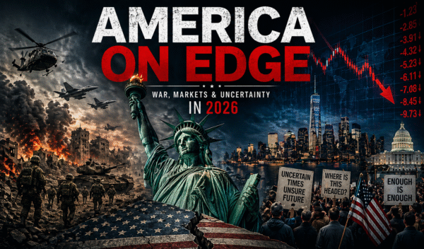 America on Edge 2026 cover showing geopolitical tension, economic uncertainty, and national unrest
